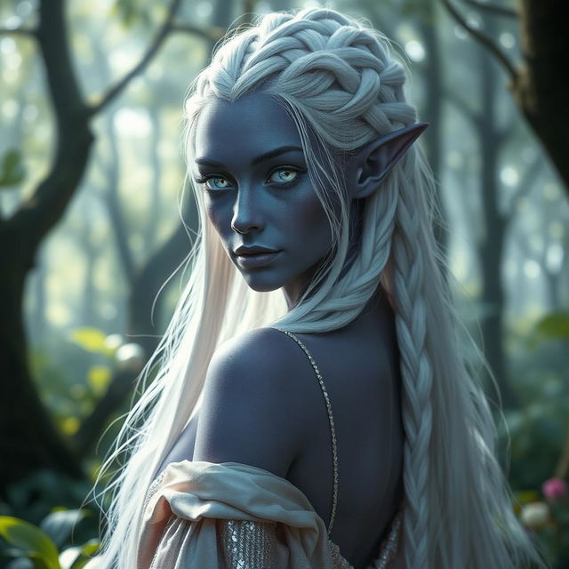A stunning purple-grey skinned elf with an ethereal appearance