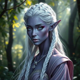 A stunning purple-grey skinned elf with an ethereal appearance