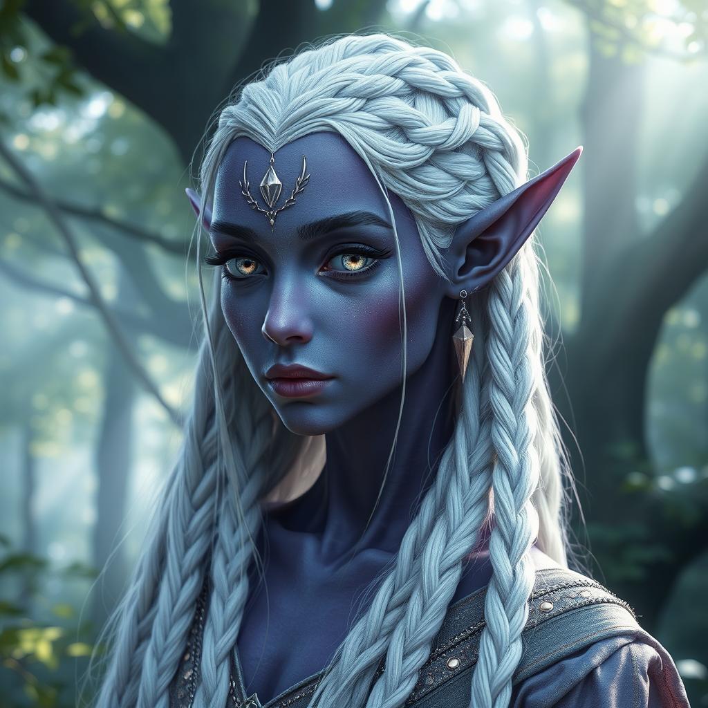 A stunning purple-grey skinned elf with an ethereal appearance