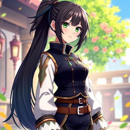 A female original character inspired by Genshin Impact, featuring long dark ponytail hair and striking green eyes