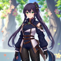 A female original character inspired by Genshin Impact, featuring long dark ponytail hair and striking green eyes