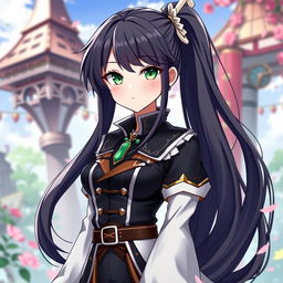 A female original character inspired by Genshin Impact, featuring long dark ponytail hair and striking green eyes