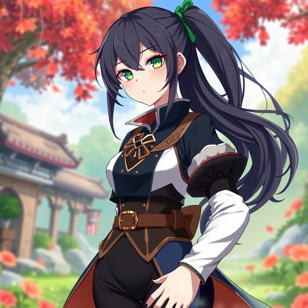 A female original character inspired by Genshin Impact, featuring long dark ponytail hair and striking green eyes