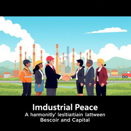 A mini poster design illustrating the concept of industrial peace through the harmony between labor and capital
