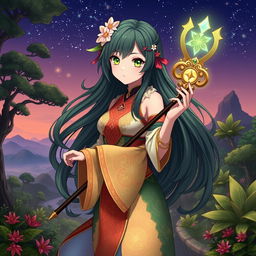 A female original character (OC) inspired by Sumeru in Genshin Impact, featuring a unique design that embodies the lush, vibrant aesthetic of the region