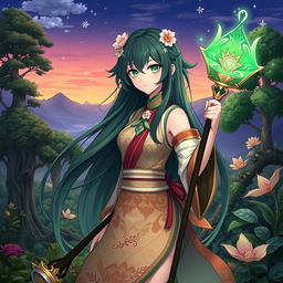 A female original character (OC) inspired by Sumeru in Genshin Impact, featuring a unique design that embodies the lush, vibrant aesthetic of the region