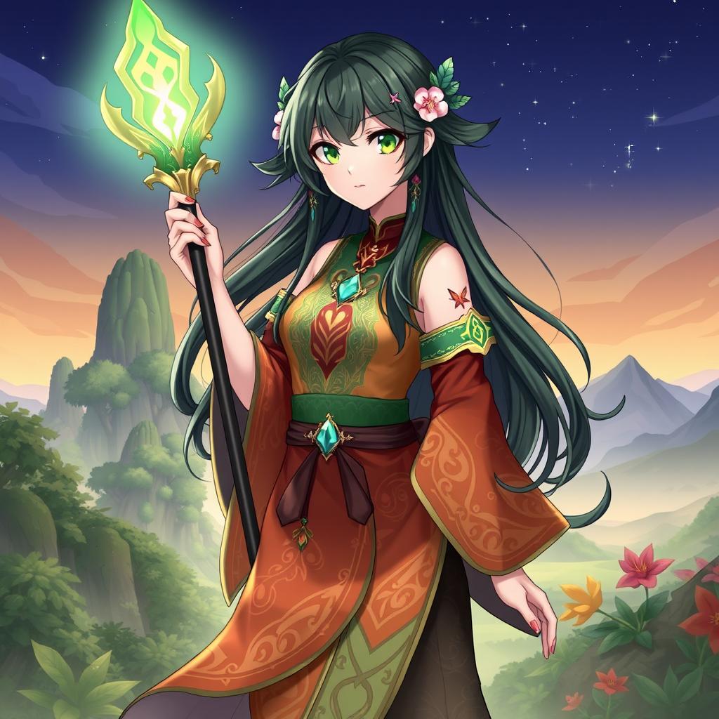 A female original character (OC) inspired by Sumeru in Genshin Impact, featuring a unique design that embodies the lush, vibrant aesthetic of the region