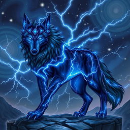In a breathtaking Dungeons and Dragons character art style, a powerful wolf stands majestically, its form entirely composed of electrifying lightning and sparkling stars