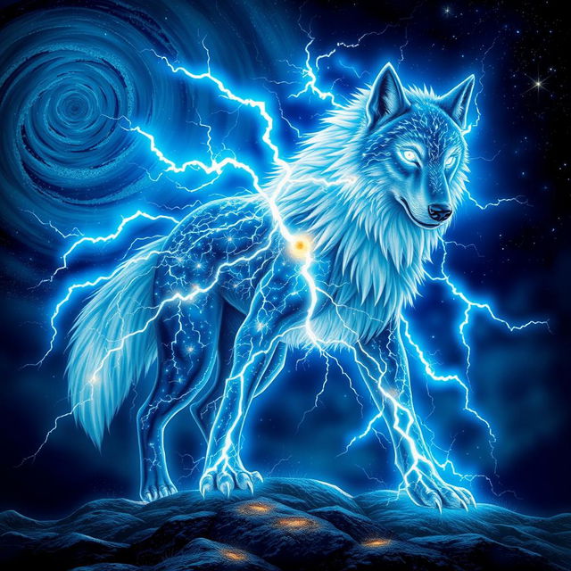 In a breathtaking Dungeons and Dragons character art style, a powerful wolf stands majestically, its form entirely composed of electrifying lightning and sparkling stars