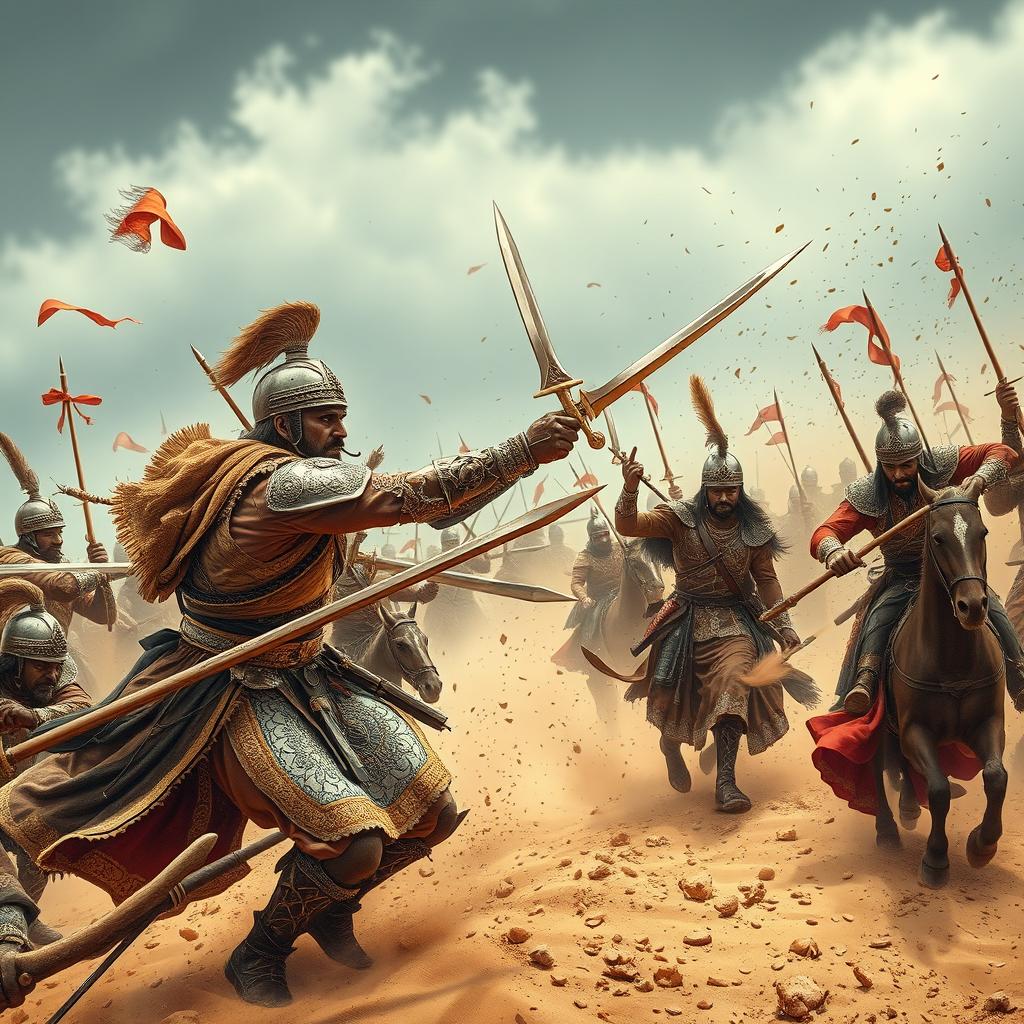 A dynamic and fierce battle scene depicting Rajput warriors in ornate traditional armor, showcasing their bravery and intensity as they overpower Mughal soldiers