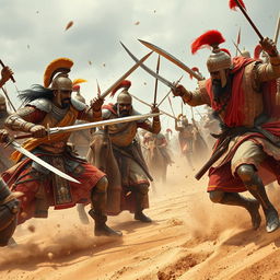 A dynamic and fierce battle scene depicting Rajput warriors in ornate traditional armor, showcasing their bravery and intensity as they overpower Mughal soldiers