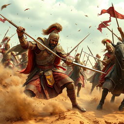 A dynamic and fierce battle scene depicting Rajput warriors in ornate traditional armor, showcasing their bravery and intensity as they overpower Mughal soldiers
