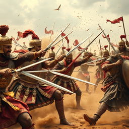 A dynamic and fierce battle scene depicting Rajput warriors in ornate traditional armor, showcasing their bravery and intensity as they overpower Mughal soldiers