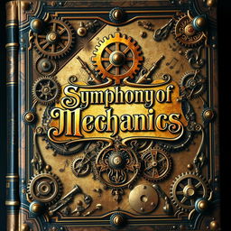 A captivating book cover for 'Symphony of Mechanics', featuring a stunning steampunk aesthetic