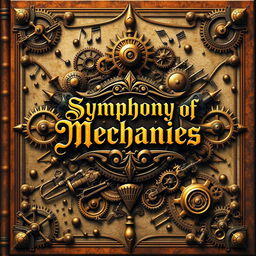 A captivating book cover for 'Symphony of Mechanics', featuring a stunning steampunk aesthetic