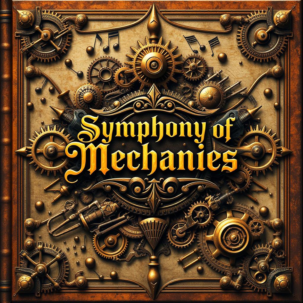 A captivating book cover for 'Symphony of Mechanics', featuring a stunning steampunk aesthetic