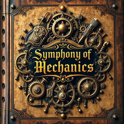 A captivating book cover for 'Symphony of Mechanics', featuring a stunning steampunk aesthetic