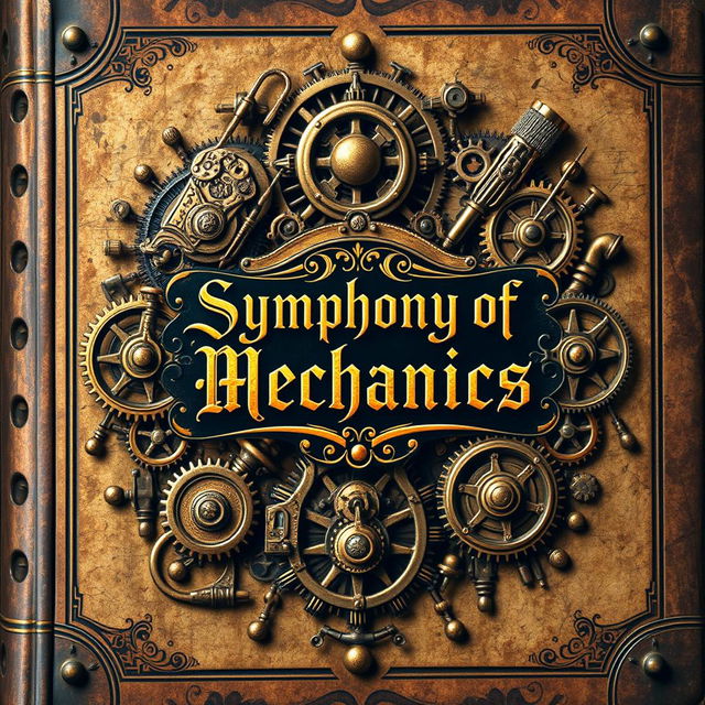A captivating book cover for 'Symphony of Mechanics', featuring a stunning steampunk aesthetic