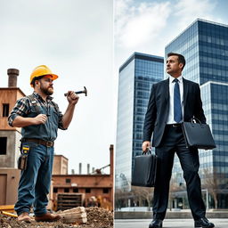 A split scene representing Labor and Capital