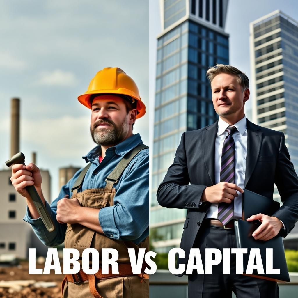 A split scene representing Labor and Capital