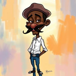A caricature of a slender black man with a prominent mustache, wearing a white shirt and blue jeans, topped off with a stylish beret