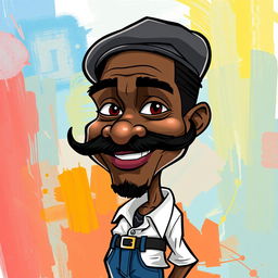 A caricature of a slender black man with a prominent mustache, wearing a white shirt and blue jeans, topped off with a stylish beret