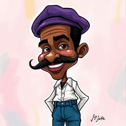 A caricature of a slender black man with a prominent mustache, wearing a white shirt and blue jeans, topped off with a stylish beret