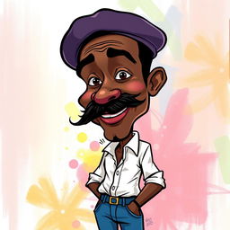 A caricature of a slender black man with a prominent mustache, wearing a white shirt and blue jeans, topped off with a stylish beret