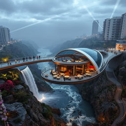 A modern pedestrian bridge between two cities spanning a valley, featuring a curvy, twisted, bionic, and futuristic design