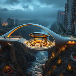 A modern pedestrian bridge between two cities spanning a valley, featuring a curvy, twisted, bionic, and futuristic design