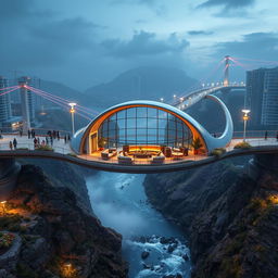 A modern pedestrian bridge between two cities spanning a valley, featuring a curvy, twisted, bionic, and futuristic design