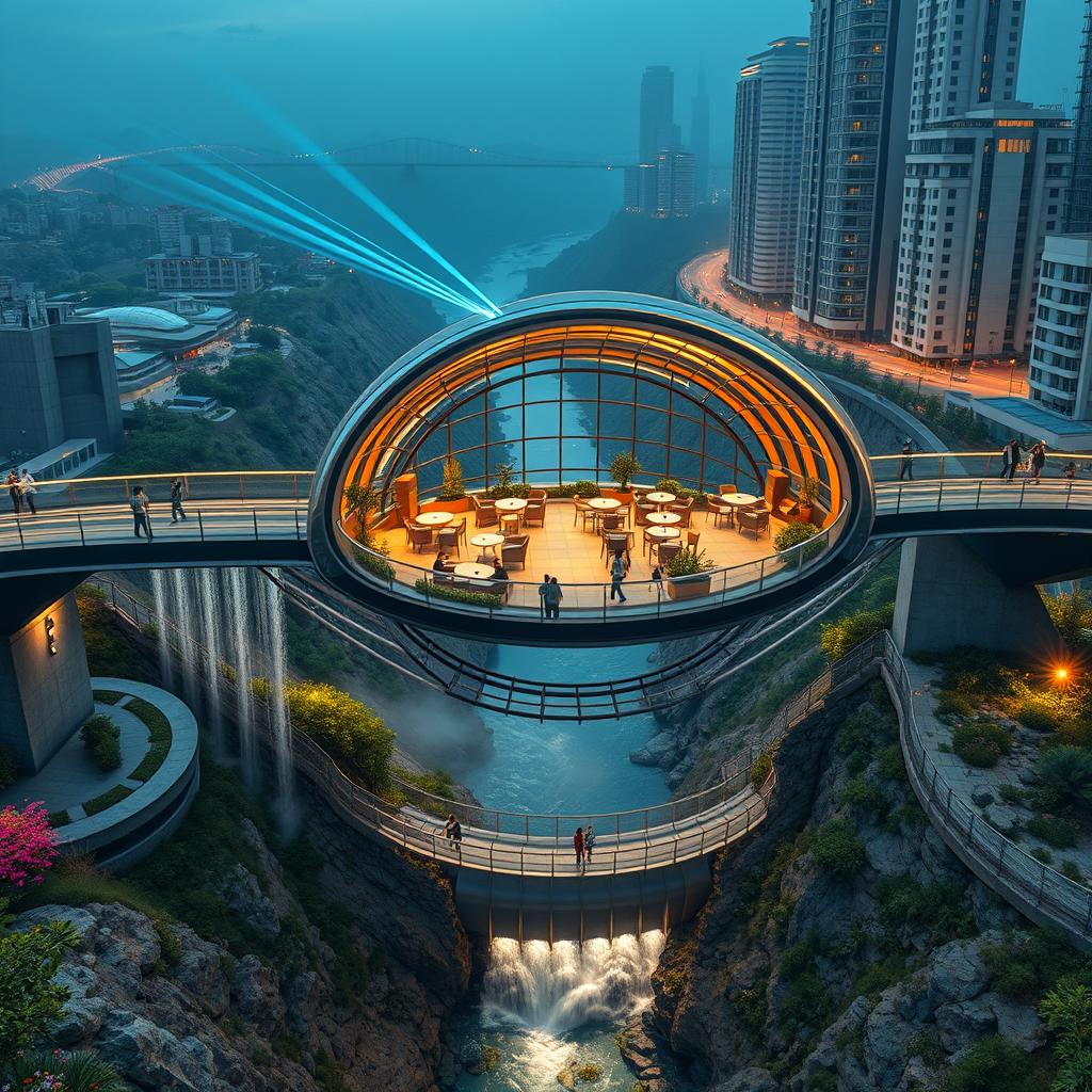 A modern pedestrian bridge between two cities spanning a valley, featuring a curvy, twisted, bionic, and futuristic design