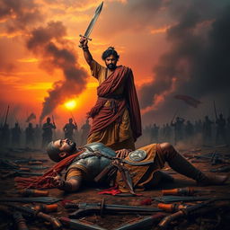 A dramatic scene on a battlefield depicting Sujan Singh standing victorious over a defeated Mughal commander