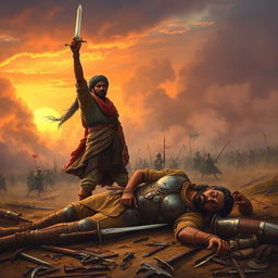 A dramatic scene on a battlefield depicting Sujan Singh standing victorious over a defeated Mughal commander