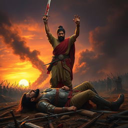 A dramatic scene on a battlefield depicting Sujan Singh standing victorious over a defeated Mughal commander
