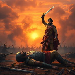 A dramatic scene on a battlefield depicting Sujan Singh standing victorious over a defeated Mughal commander