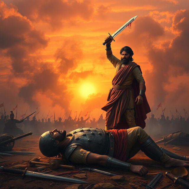 A dramatic scene on a battlefield depicting Sujan Singh standing victorious over a defeated Mughal commander