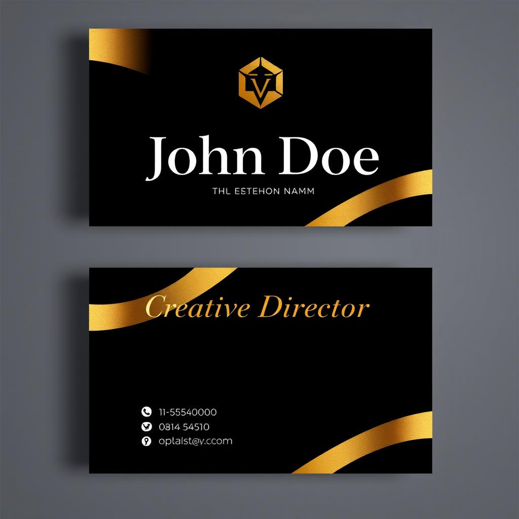 A sophisticated and modern visiting card design featuring a sleek black background with elegant gold foil accents