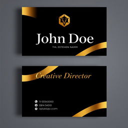A sophisticated and modern visiting card design featuring a sleek black background with elegant gold foil accents