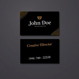 A sophisticated and modern visiting card design featuring a sleek black background with elegant gold foil accents