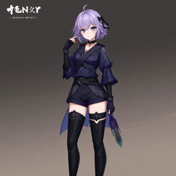A female original character from Genshin Impact set in Sumeru, featuring short wavy lilac purple hair and captivating gray eyes