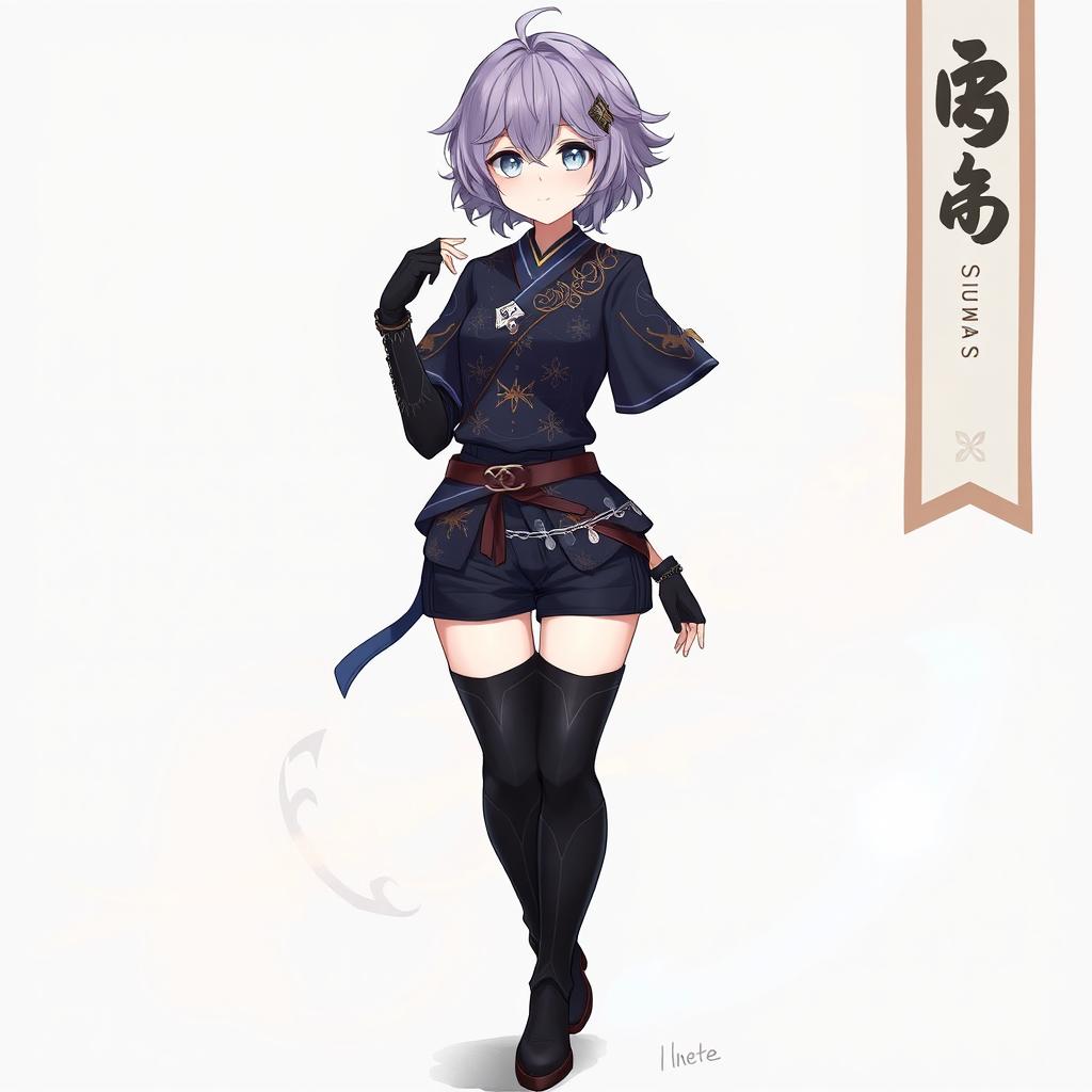A female original character from Genshin Impact set in Sumeru, featuring short wavy lilac purple hair and captivating gray eyes