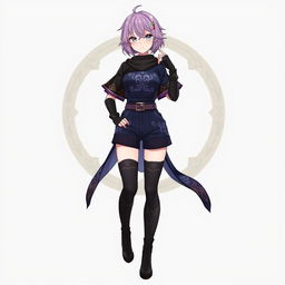 A female original character from Genshin Impact set in Sumeru, featuring short wavy lilac purple hair and captivating gray eyes