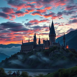 A majestic view of Hogwarts School of Witchcraft and Wizardry, set against a dramatic twilight sky filled with colorful clouds