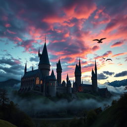 A majestic view of Hogwarts School of Witchcraft and Wizardry, set against a dramatic twilight sky filled with colorful clouds