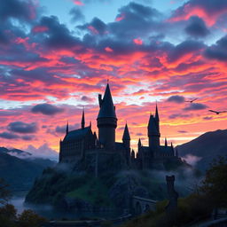 A majestic view of Hogwarts School of Witchcraft and Wizardry, set against a dramatic twilight sky filled with colorful clouds