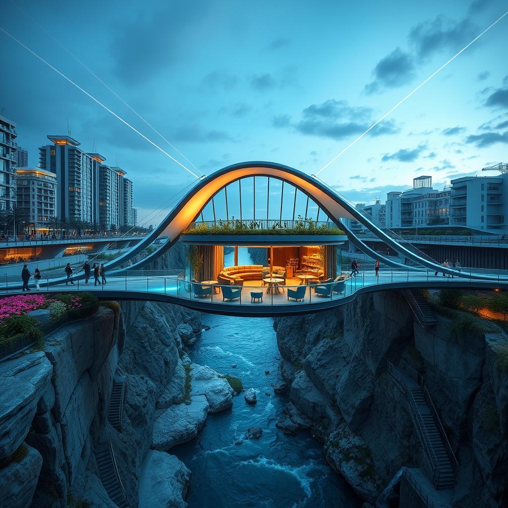 A modern pedestrian bridge connecting two cities over a gorge, featuring a curved, twisted, bionic, and futuristic design