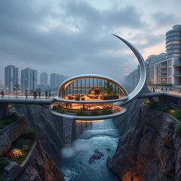 A modern pedestrian bridge connecting two cities over a gorge, featuring a curved, twisted, bionic, and futuristic design
