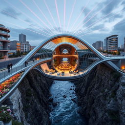 A modern pedestrian bridge connecting two cities over a gorge, featuring a curved, twisted, bionic, and futuristic design