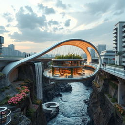 A modern pedestrian bridge connecting two cities over a gorge, featuring a curved, twisted, bionic, and futuristic design